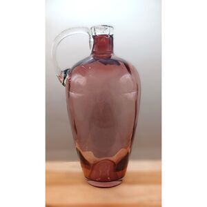 Amethyst Glass with Applied Clear Lip and Handle Hand Blown 10.5" Jug Vase